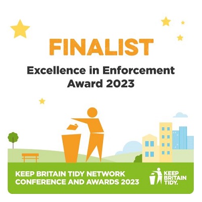 Text reads Finalist Excellence in Enforcement Award 2023. Keep Britain Tidy network conference and awards 2023. Graphic of a man binning litter in a park. 